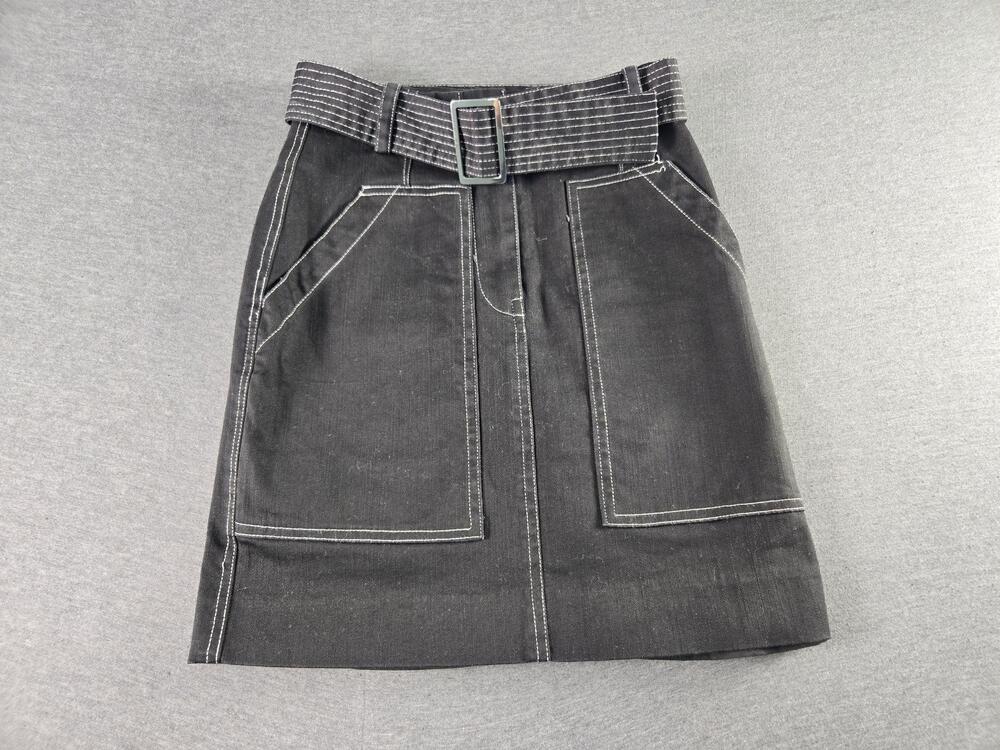 Gianni Bini Skirt Womens 0 Black Denim Belted Pockets Contrast Stitching Mini